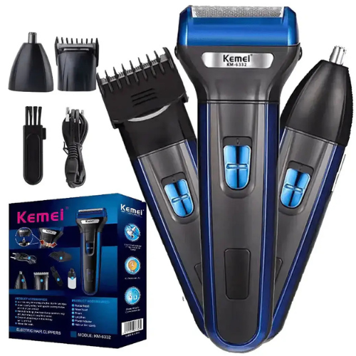 Kemei KM-6332 3-in-1 Grooming Kit - Rechargeable Trimmer for Beard, Hair & Nose Trimming
