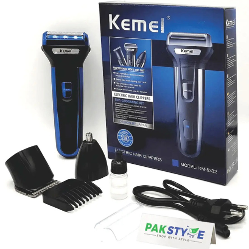Kemei KM-6332 3-in-1 Grooming Kit - Rechargeable Trimmer for Beard, Hair & Nose Trimming